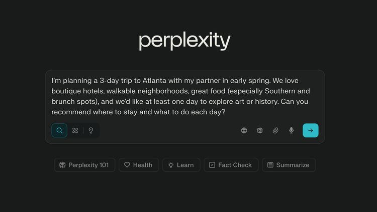 Perplexity AI chat showing a travel planning prompt for a 3-day trip to Atlanta with requests for boutique hotels, great food, and cultural activities.