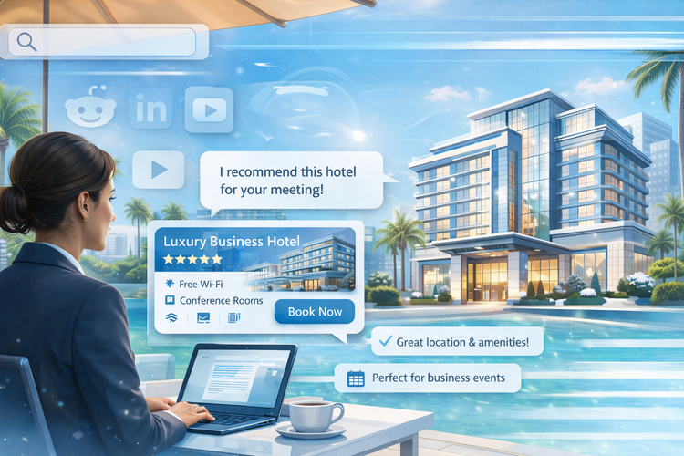 AI interface recommending an upscale business hotel to a meeting planner, shown in a clean, tech-forward scene with cool summer tones.