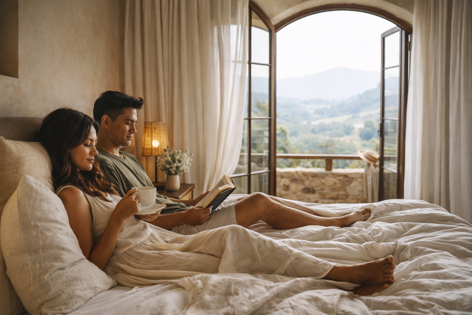 Younger travelers in their 30's laying in bed enjoying a relaxed luxury travel scene